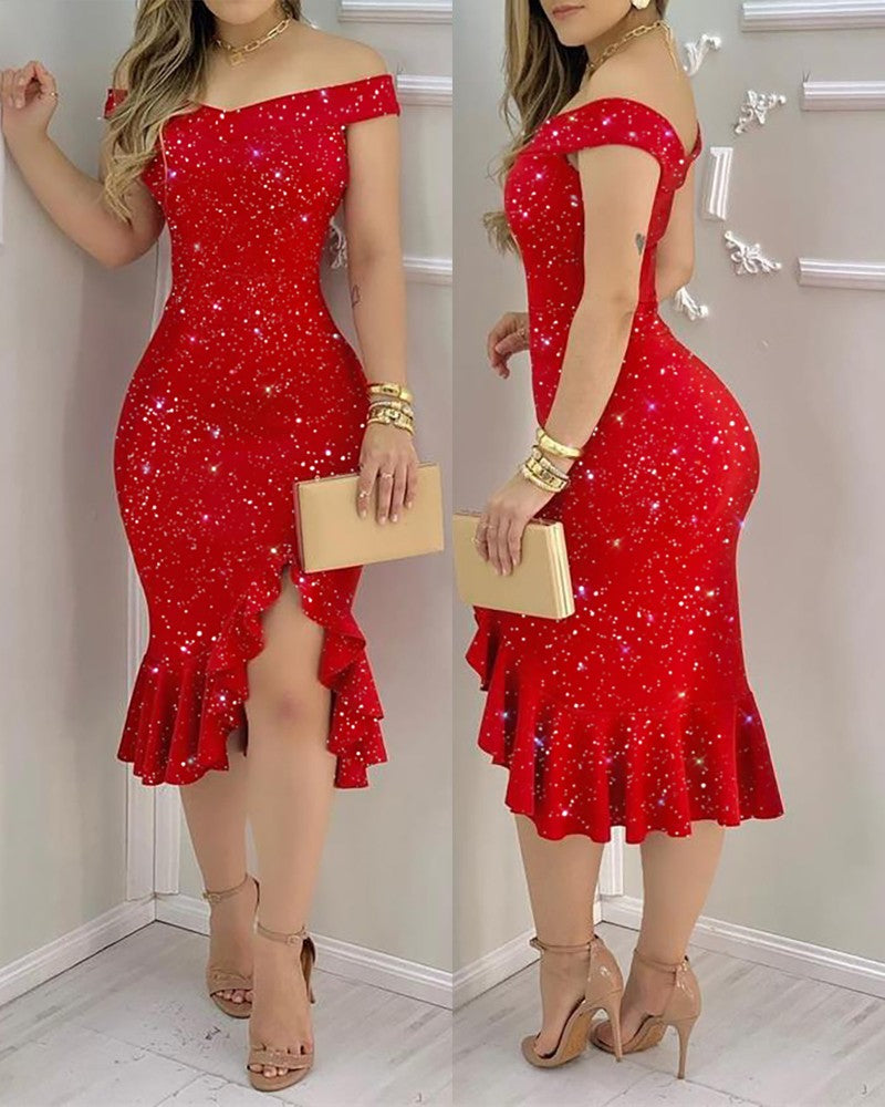 ParGrace Rhinestone Embellished Off Shoulder Bodycon