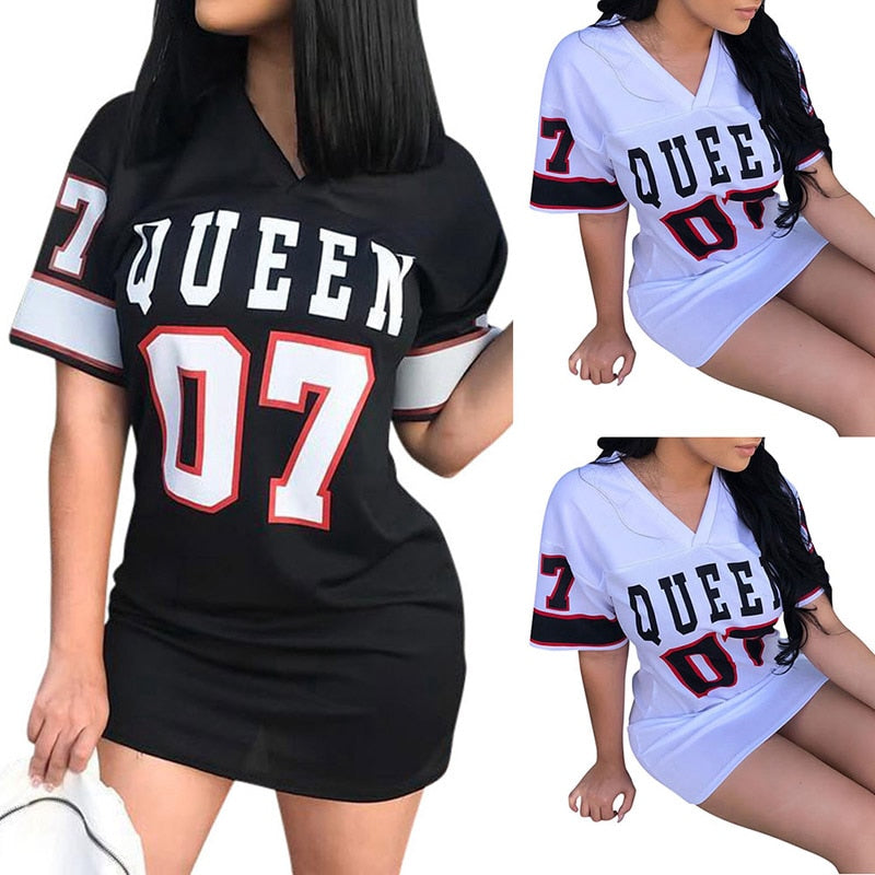 ParGrace  Women Short Dress Hip Hop Queen Printed Long T Shirt Loose V Neck