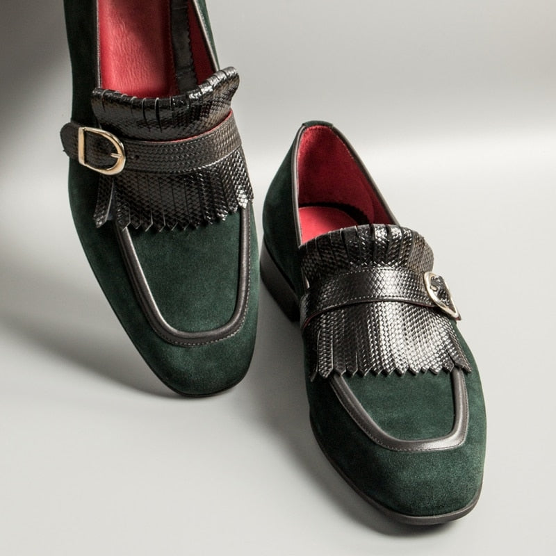 ParGrace  Loafers Flock Tassels Green Slip-On Round Toe Party Wedding Shoes