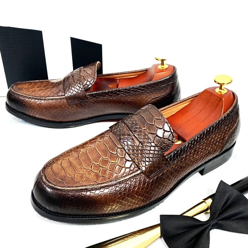 ParGrace LUXURY MEN LEATHER SHOES BLACK COFFEE SLIP ON SNAKE PRINT