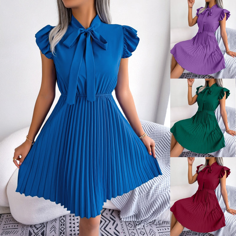 ParGrace Elegant Lace Up High Waist Large Fold Dress For Ladies Bow Collar