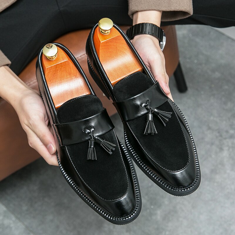 ParGrace Loafers Business Mens Shoes Pu Tassels Slip-On Round Toe