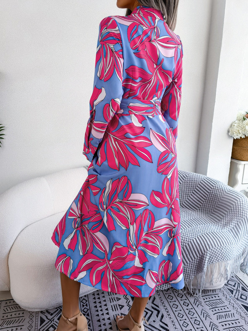 ParGrace Contrast Floral Polo Collar Lace Up Shirt Dress For Ladies