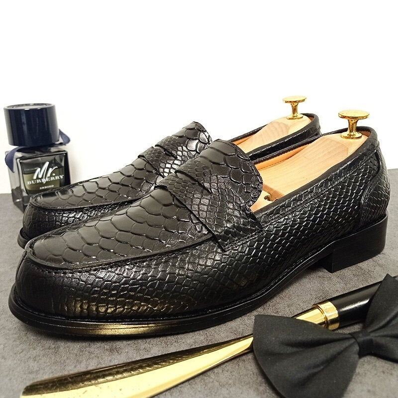 ParGrace LUXURY MEN LEATHER SHOES BLACK COFFEE SLIP ON SNAKE PRINT