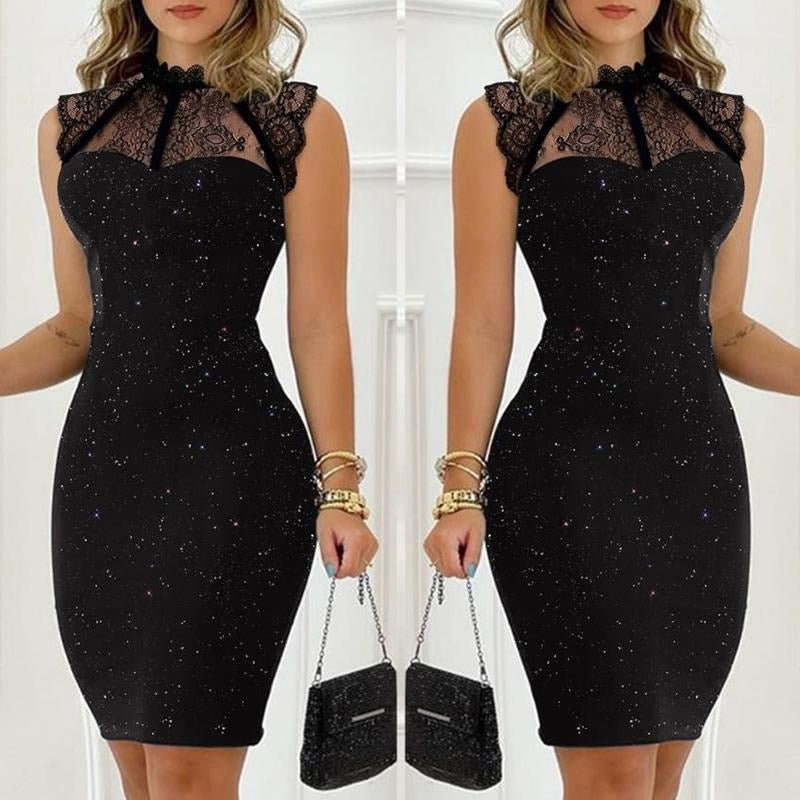 Summer Elegant Women Luxury Sexy Black Lace Dresses Sleeveless Formal Bodycon Dress Clothes