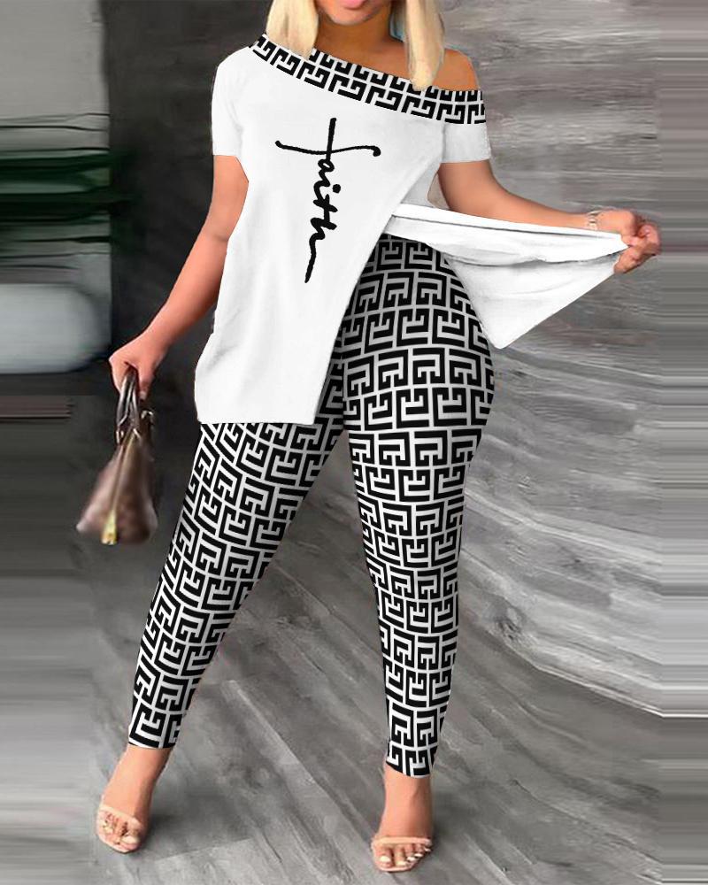 ParGrace Printed Two Piece Set Off Shoulder S T-Shirt Leggings