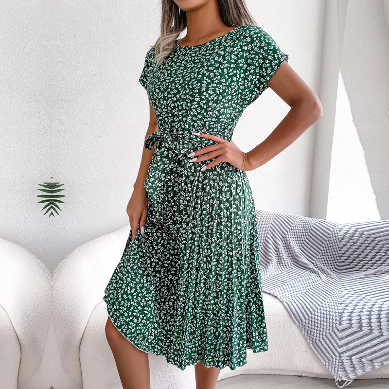 ParGrace Floral Pleated  Short Sleeve High Waist Chic Dress