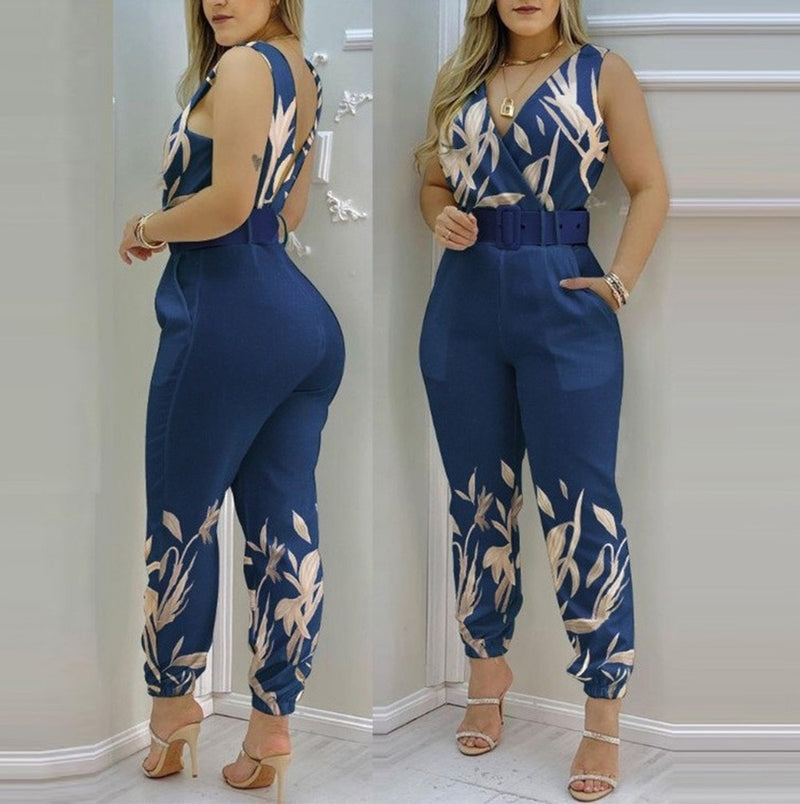 ParGrace Elegant Sleeveless Partywear Jumpsuits  V Neck Belted Jumpsuit