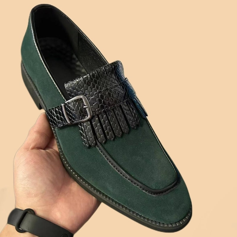 ParGrace  Loafers Flock Tassels Green Slip-On Round Toe Party Wedding Shoes