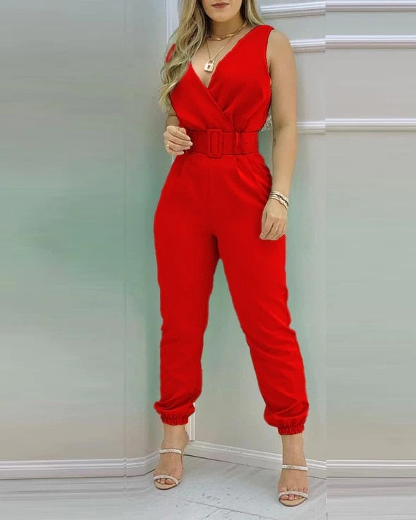 ParGrace Elegant Sleeveless Partywear Jumpsuits  V Neck Belted Jumpsuit