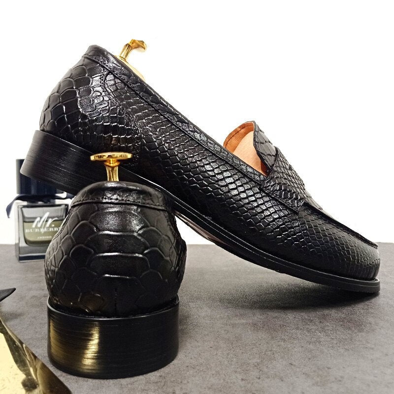 ParGrace LUXURY MEN LEATHER SHOES BLACK COFFEE SLIP ON SNAKE PRINT