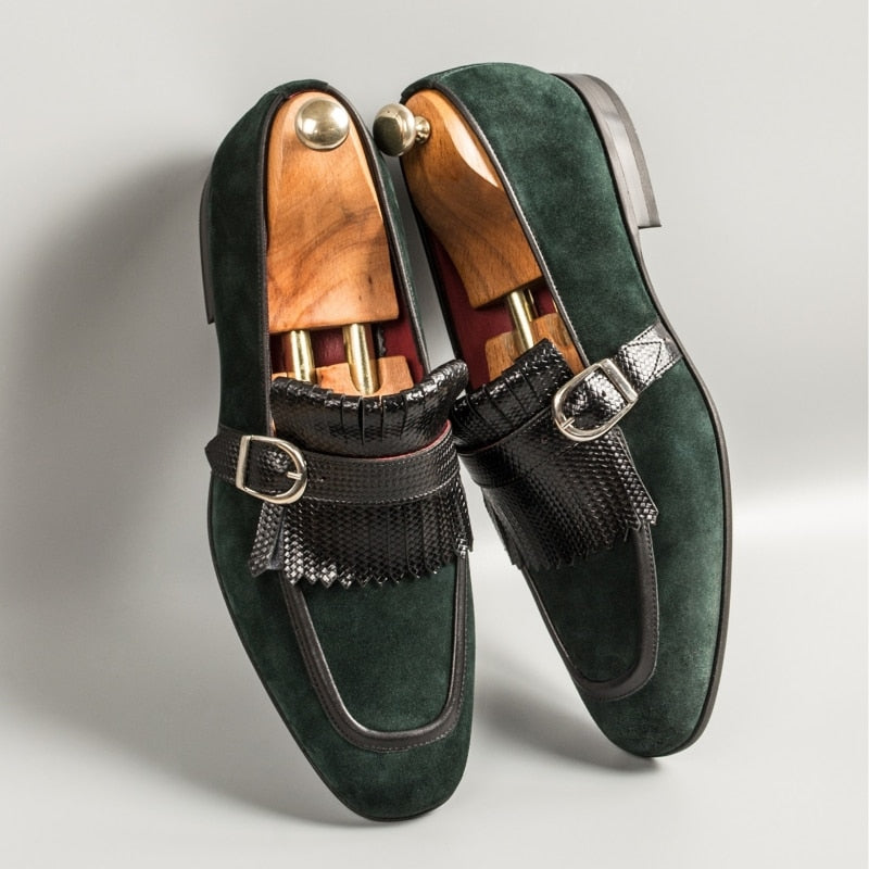 ParGrace  Loafers Flock Tassels Green Slip-On Round Toe Party Wedding Shoes