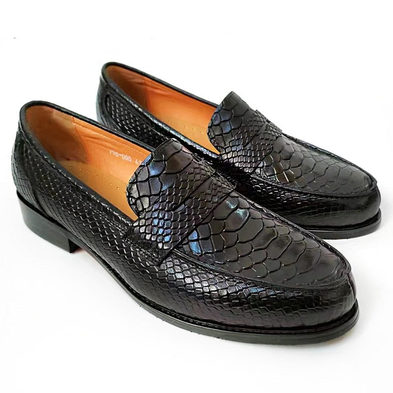 ParGrace LUXURY MEN LEATHER SHOES BLACK COFFEE SLIP ON SNAKE PRINT