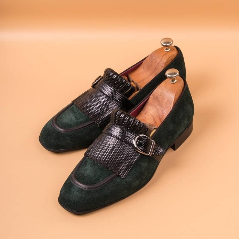 ParGrace  Loafers Flock Tassels Green Slip-On Round Toe Party Wedding Shoes