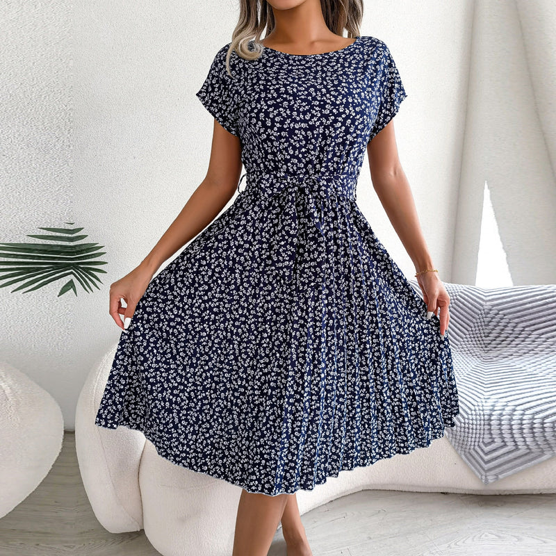 ParGrace Floral Pleated  Short Sleeve High Waist Chic Dress