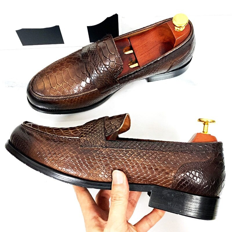 ParGrace LUXURY MEN LEATHER SHOES BLACK COFFEE SLIP ON SNAKE PRINT