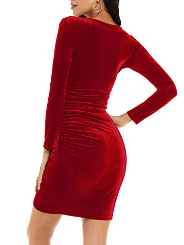 JCSS Womens Faux Wrap V Neck Mini Dress Long Sleeve Velvet Sexy Ruched Bodycon Dress