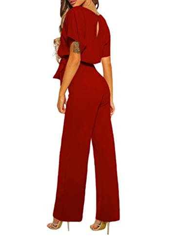 JCSS Women Casual Loose Short Sleeve Belted Wide Leg Pant Romper Jumpsuits