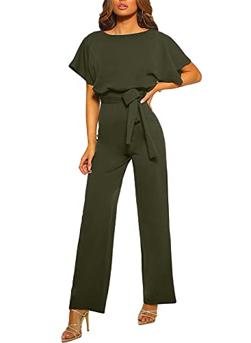 JCSS Women Casual Loose Short Sleeve Belted Wide Leg Pant Romper Jumpsuits