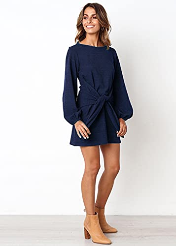 ParGrace Elegant Long Lantern Sleeve Short Dress Crewneck Tie Waist Knit Cocktail Dress