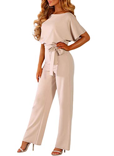 JCSS Women Casual Loose Short Sleeve Belted Wide Leg Pant Romper Jumpsuits