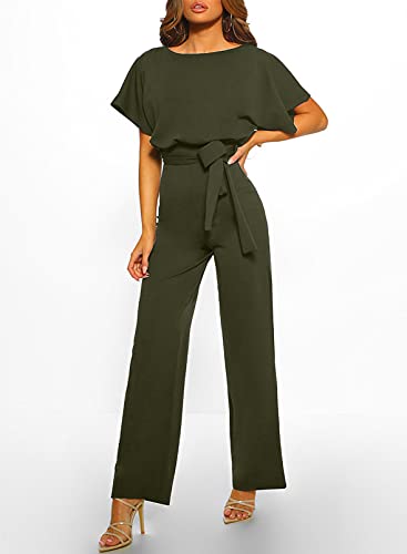 JCSS Women Casual Loose Short Sleeve Belted Wide Leg Pant Romper Jumpsuits