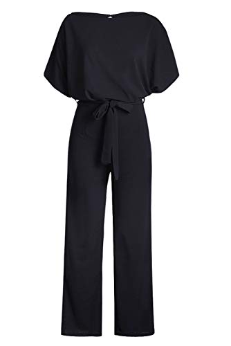 JCSS Women Casual Loose Short Sleeve Belted Wide Leg Pant Romper Jumpsuits