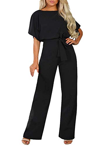 JCSS Women Casual Loose Short Sleeve Belted Wide Leg Pant Romper Jumpsuits