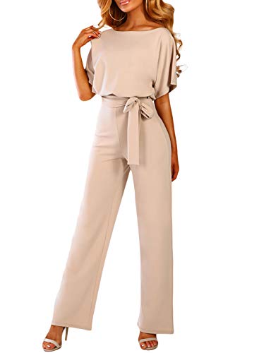 JCSS Women Casual Loose Short Sleeve Belted Wide Leg Pant Romper Jumpsuits