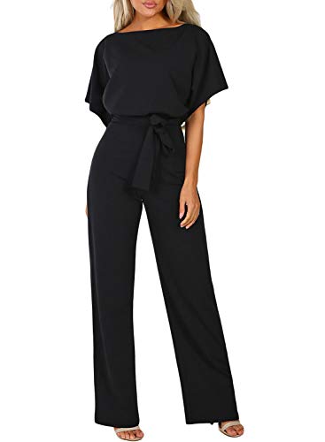 JCSS Women Casual Loose Short Sleeve Belted Wide Leg Pant Romper Jumpsuits