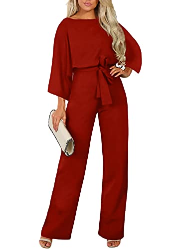 JCSS Women Casual Loose Short Sleeve Belted Wide Leg Pant Romper Jumpsuits