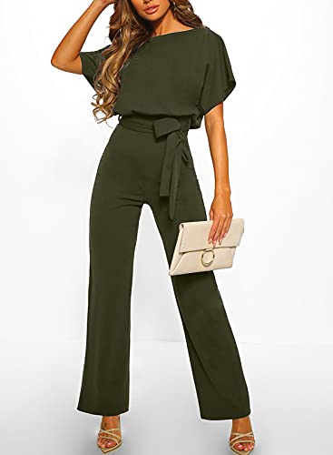 JCSS Women Casual Loose Short Sleeve Belted Wide Leg Pant Romper Jumpsuits