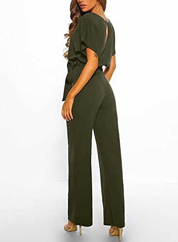 JCSS Women Casual Loose Short Sleeve Belted Wide Leg Pant Romper Jumpsuits