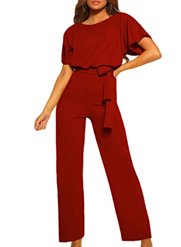 JCSS Women Casual Loose Short Sleeve Belted Wide Leg Pant Romper Jumpsuits