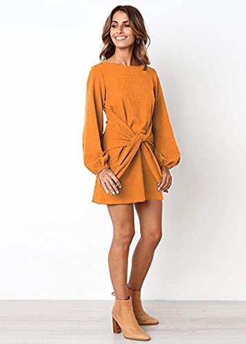 ParGrace Elegant Long Lantern Sleeve Short Dress Crewneck Tie Waist Knit Cocktail Dress