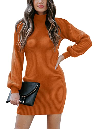 JCSS Women High Neck Long Sleeve Casual Knit Sweater Bodycon Dress for Winter A145kaqi-L Apricot