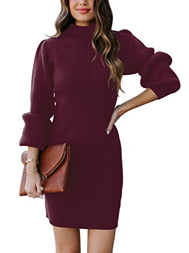 JCSS Women High Neck Long Sleeve Casual Knit Sweater Bodycon Dress for Winter A145kaqi-L Apricot