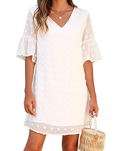 JCSS Blooming Jelly Womens White Dresses Short Sleeve V Neck Ruffle Cute Sun Dress Chiffon Flowy Shift Mini Dresses