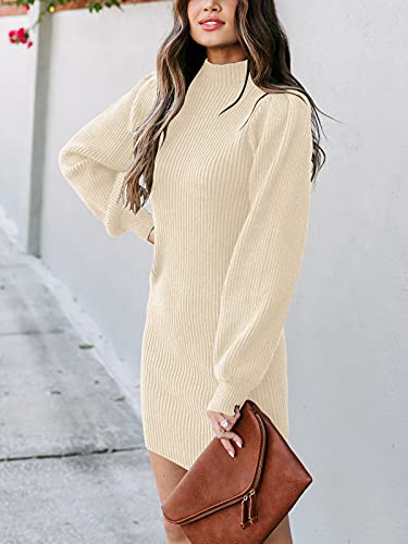 JCSS Women High Neck Long Sleeve Casual Knit Sweater Bodycon Dress for Winter A145kaqi-L Apricot