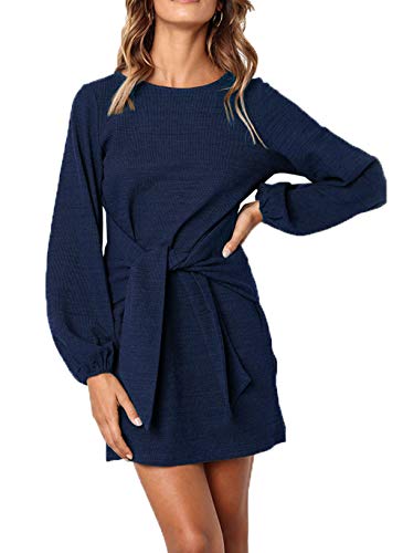 ParGrace Elegant Long Lantern Sleeve Short Dress Crewneck Tie Waist Knit Cocktail Dress