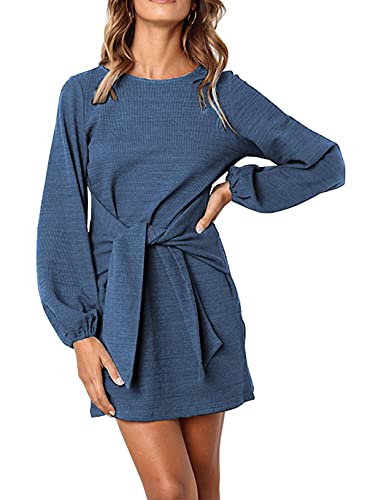 ParGrace Elegant Long Lantern Sleeve Short Dress Crewneck Tie Waist Knit Cocktail Dress