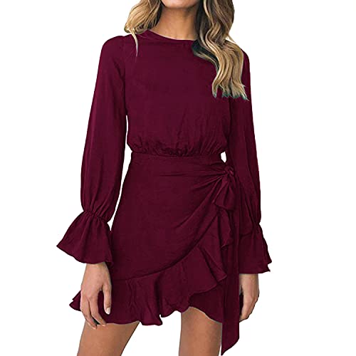 JCSS Long Sleeve Round Neck Ruffles Wrap Dresses Party Dress