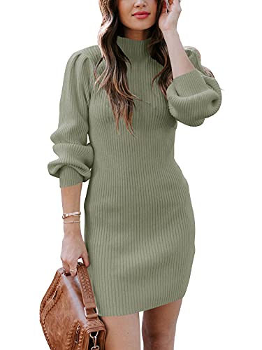 JCSS Women High Neck Long Sleeve Casual Knit Sweater Bodycon Dress for Winter A145kaqi-L Apricot