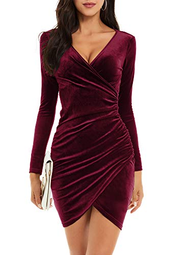 JCSS Womens Faux Wrap V Neck Mini Dress Long Sleeve Velvet Sexy Ruched Bodycon Dress