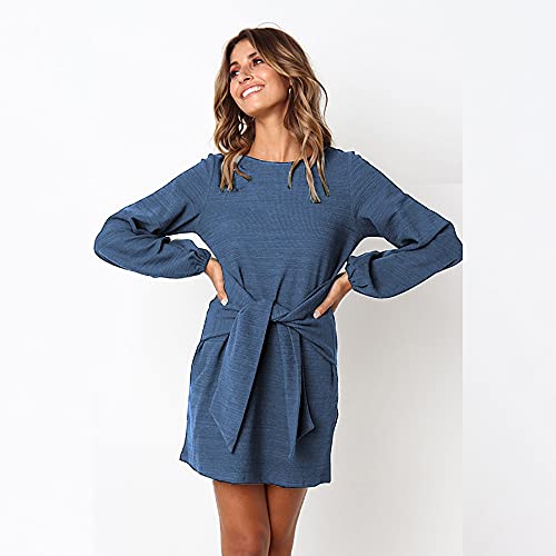 ParGrace Elegant Long Lantern Sleeve Short Dress Crewneck Tie Waist Knit Cocktail Dress