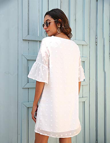 JCSS Blooming Jelly Womens White Dresses Short Sleeve V Neck Ruffle Cute Sun Dress Chiffon Flowy Shift Mini Dresses