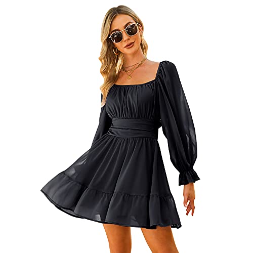 JCSS Women Tie Back Long Lantern Sleeve Square Neck Ruffle Dress Elastic Waist Aline Casual Mini Dress Black