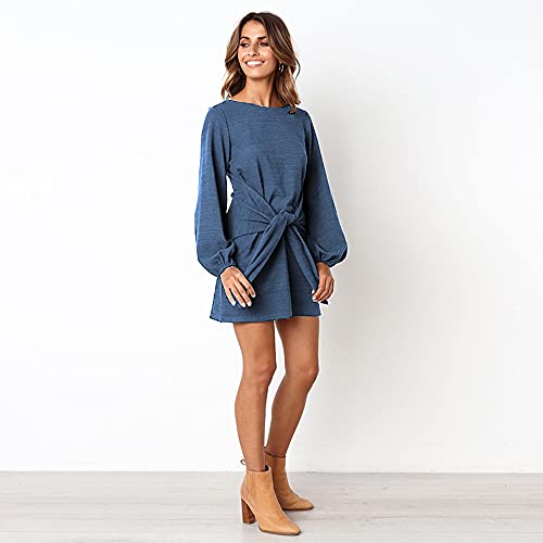 ParGrace Elegant Long Lantern Sleeve Short Dress Crewneck Tie Waist Knit Cocktail Dress