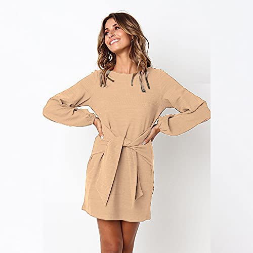 ParGrace Elegant Long Lantern Sleeve Short Dress Crewneck Tie Waist Knit Cocktail Dress