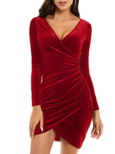 JCSS Womens Faux Wrap V Neck Mini Dress Long Sleeve Velvet Sexy Ruched Bodycon Dress